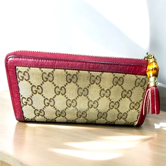 GUCCI GG Beige Logo Canvas Leather Red Bifold Zip Wallet Bamboo Leather tassels - Picture 5 of 15